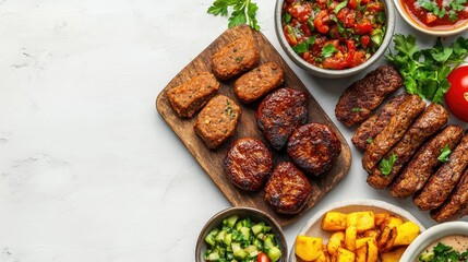 Delicious cooked soy meat dishes with fresh vegetables and herbs on a light background showcasing a healthy vegan meal option