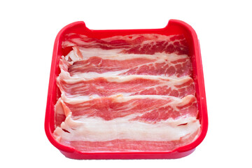 Slice ​​Angus beef in a red tray on a white background.