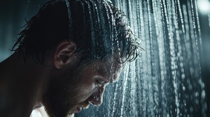 Man enjoying a luxurious shower routine under a rain shower head focusing on body care and hygiene in a modern hotel setting