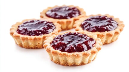 Delicious jam tartlets on a white background showcasing sweet pastry and fruit preserves perfect for dessert concepts