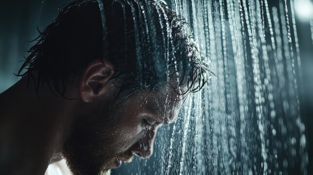Man enjoying a luxurious shower routine under a rain shower head focusing on body care and hygiene in a modern hotel setting
