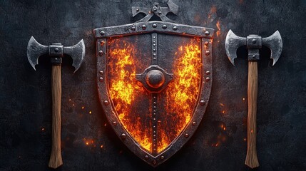 Naklejka premium Flame engulfed shield with battle axes and crowbars on a dark textured background showcasing a fierce and powerful combat theme