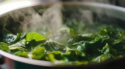 Cooking fresh sorrel leaves in a steaming pot for a flavorful soup preparation in a warm kitchen setting.