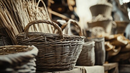 Handcrafted wicker baskets and products made from collected natural materials in a rustic workshop setting