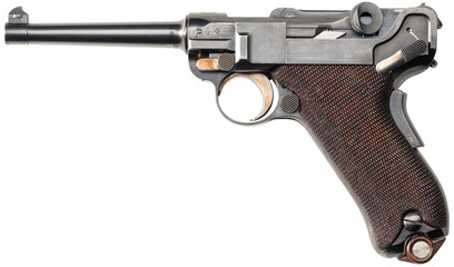 Studioaufnahme einer DWM Mod. 1900 E-Suffix Luger historischen Pistole Kurzwaffe auf freigestelltem transparentem Untergrund