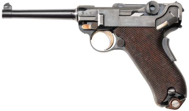 Studioaufnahme einer DWM Mod. 1900 E-Suffix Luger historischen Pistole Kurzwaffe auf freigestelltem transparentem Untergrund