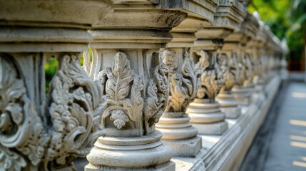 Obraz premium Elegant Thai design balustrade featuring intricate deva sculptures in a Buddhist temple in Bangkok highlighting cultural artistry