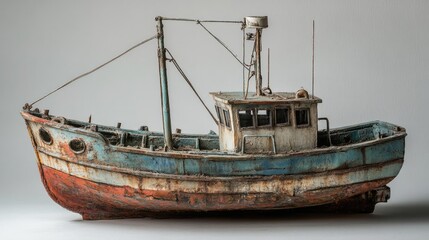 Naklejka premium Rustic fishing boat with weathered paint and charm, ideal for coastal aesthetics and marine-themed projects.