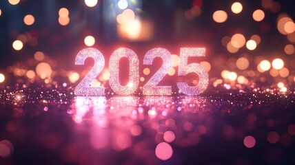 Pink 2025 number  made of sparkles against blurred background. Happy New Year concept.