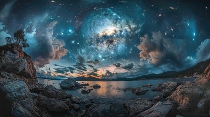 Naklejka premium Majestic night sky panorama with vibrant stars and clouds reflecting over serene water landscape at dusk