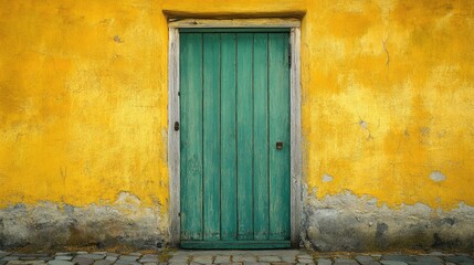 Green door on a vibrant yellow wall in historic Ribe Denmark showcasing traditional architecture and charm of the oldest town.