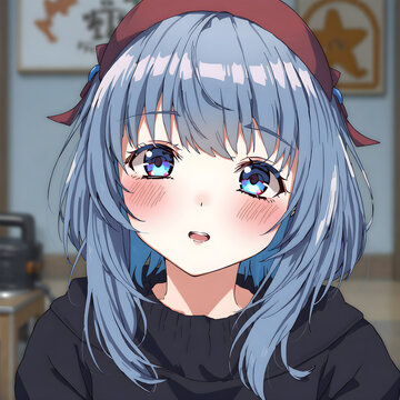 Una linda chica manga con pelo azul, que mira al frente, sonrojada