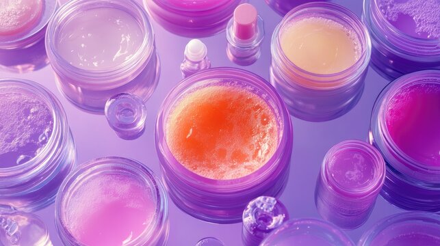 Cosmetic formulations in petri dishes showcasing scrubs serums and gels on a vibrant violet background for skincare laboratory research