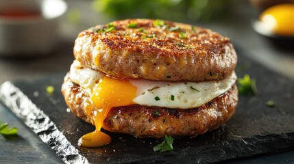 Delicious Classic Breakfast Sausage with Fried Egg and Runny Yolk on Black Slate Plate
