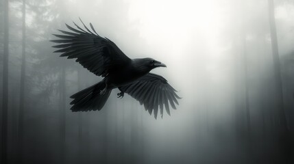 Fototapeta premium Black crow in flight through foggy forest.