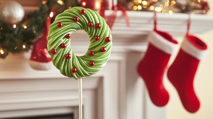 A wreath-shaped lollipop in green with red candy berries, set against a fireplace mantel adorned with stockings