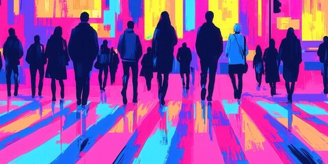 Urban stroll through neon streets city digital art vibrant environment perspective modern life