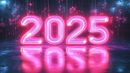 Glowing pink 2025 number with neon lights. Happy Ney Year concept