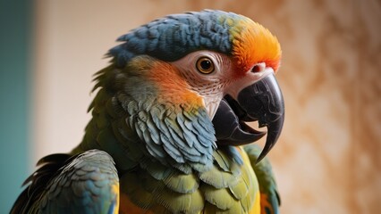 Fototapeta premium Cute Parrot, Bird, Beautiful Pet, A close-up Portrait, Animal, Marble, Home, Indoor, Wallpaper, Screensaver, Background
