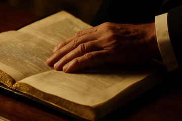 Naklejka premium Presidential Inauguration Hand on Bible Warm Solemn Lighting