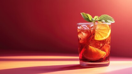 Refreshing citrus fruit tea with ice in a glass garnished with mint against a warm gradient background.