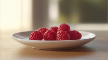 Delicious organic red raspberries arranged on a white plate on a rustic wooden table ready for a healthy snack or dessert choice