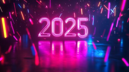 Glowing pink 2025 number with neon lights. Happy Ney Year concept