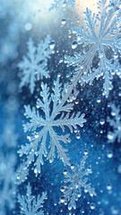 Crystal snowflake on blurred winter background. Snowflake macro sparkling vertical Holiday banner, natural cold lighting