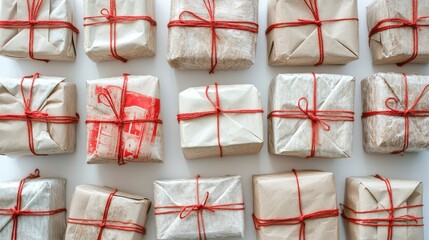 Festive gift boxes wrapped in coarse paper with red twine against a white background perfect for celebrations and special occasions