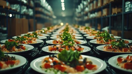 Obraz premium Culinary preparation of diverse dishes featuring fresh fruits vegetables in a warehouse setting for catering banquet celebration and cafe opening