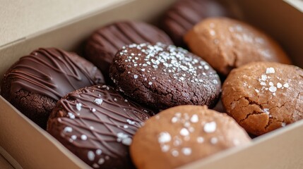 Homemade chocolate and sea salt cookies arranged in an eco-friendly box ideal for food menus and dessert advertisements