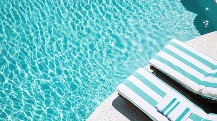Luxury beachside swimming pool with turquoise water and striped towels inviting relaxation in a picturesque vacation setting.