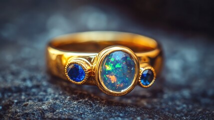 Elegant golden ring showcasing a vibrant opal centerpiece flanked by two striking blue gemstones on a textured surface.