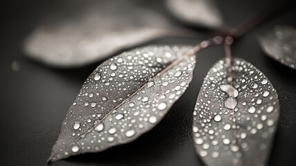 Dew-kissed fallen leaves showcasing intricate droplets on a dark background highlighting nature's beauty and tranquility