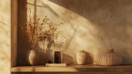 Cozy living room decor featuring rattan shelf with dried flowers, vases, and personal accessories for warm home interior design inspiration