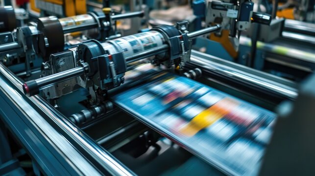 High-tech offset printing machinery in an expansive industrial printing facility showcasing modern equipment and advanced printing processes