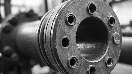 Obraz premium Industrial Flange Connection on Pipeline in Black and White Featuring Detailed Metal Work and Texture