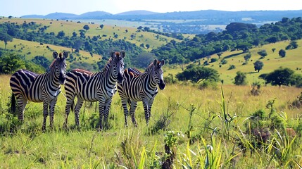 Naklejka premium African Savannah Zebra Trio: A Serene Landscape