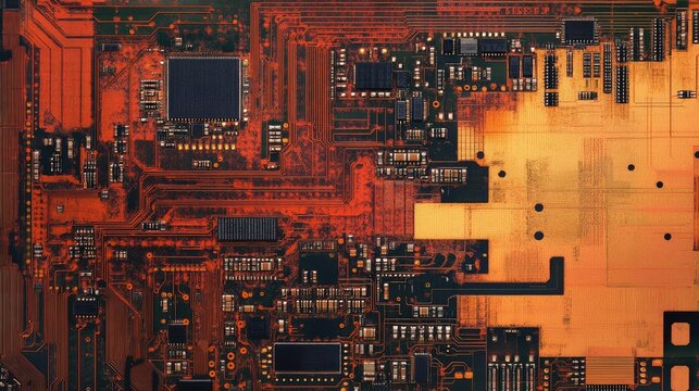 Modern printed circuit board technology with intricate electronic components and vibrant copper traces on a textolite background