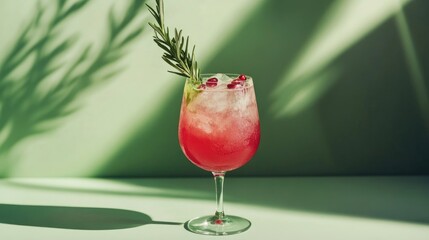 Pomegranate spritzer cocktail garnished with rosemary on a vibrant green background with soft shadows