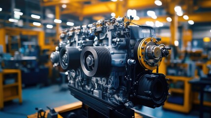 Fototapeta premium Diesel engine showcased in a workshop setting highlighting advanced machinery assembly and industrial engineering processes.