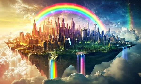A vibrant, utopian city floats amidst clouds, waterfalls, and a rainbow bridge.