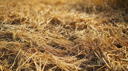Naklejka premium Haystacks of straw remnants after wheat harvesting with a soft focus background highlighting agricultural landscape details.
