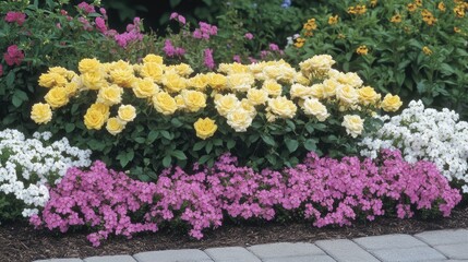 Obraz premium Vibrant flower bed showcasing yellow roses pink phlox and white phlox creating a colorful landscape display in a garden setting