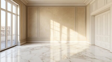 Elegant empty room showcasing marble flooring and soft beige wallpaper illuminated by natural light through large windows.