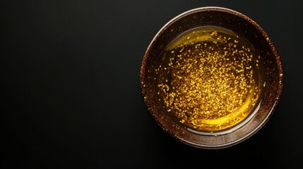 Mustered seed oil in bowl against black background showcasing rich color and texture for culinary and health-related concepts