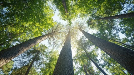 Tall forest trees reaching towards the sky with sunlight filtering through lush green foliage creating a serene and peaceful atmosphere.