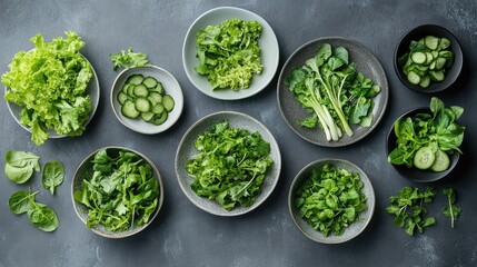 Obraz premium Assorted green salads in various bowls and plates overhead view showcasing healthy vegetables on a slate background for food photography.