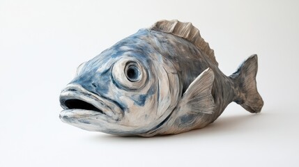 Realistic fish head sculpture displayed on a clean white background showcasing intricate details and artistic craftsmanship.