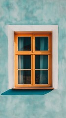 Minimalistic architectural design featuring a blue house with wooden window frame
